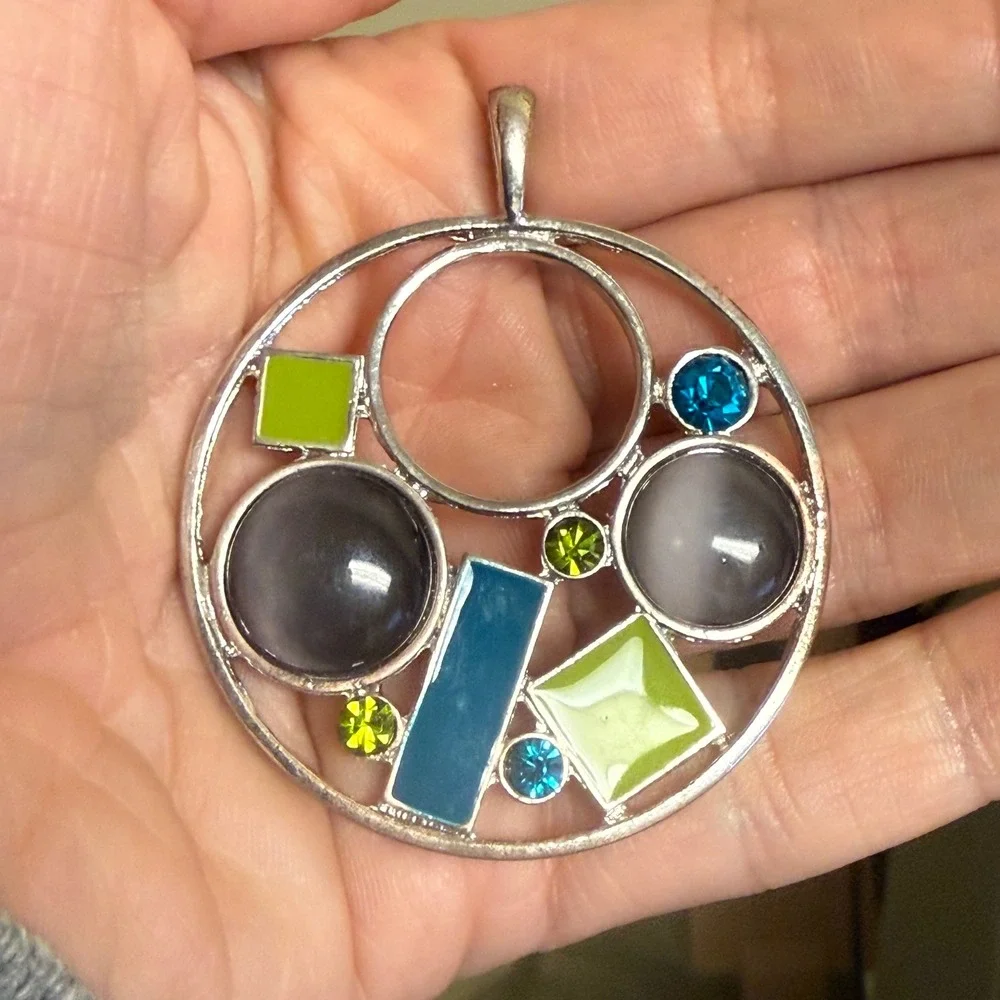 Geometric‎ Silver Tone Pendant Cats Eye Enamel Mixed Shapes Blue Green Grey 2